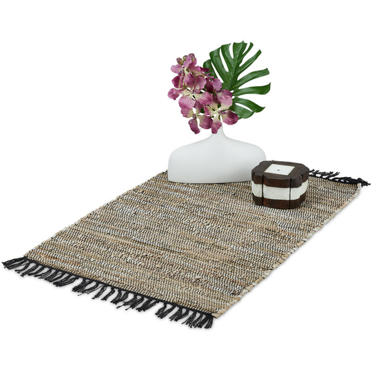 Relaxdays - Leather & Cotton Runner Rug, Carpet with Fringes, Non-slip, Decor for Living Room, Bedroom or Hallway, Grey