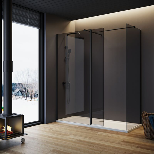Grey Shower Cabin with Side Panel 760x760mm and Black Flipper Panel Walkin Glass Shower Enclosure Include Support Bar + Shower Tray 1200x900mm + Free