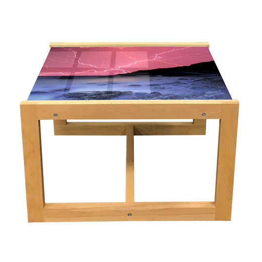 Nature Coffee Table, Thunderstorm Bolts With Vibrant Colorful Sky Like Solar Phenomenal Nature Picture, Acrylic Glass Center Table With Wooden Frame F