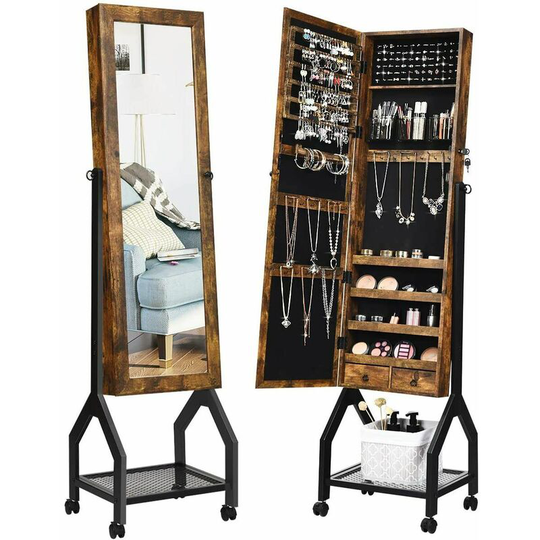 COSTWAY 2-in-1 Jewelry Cabinet, Lockable Jewelry Armoire Storage Unit with Full Length Mirror, Adjustable Jewellery Organiser for Home Bedroom