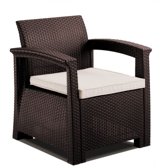 Brown Rattan Effect Armchair Cream Cushion Modern Outdoor Garden Patio Furniture - Brown, Cream