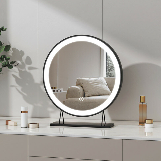 Meykoers Hollywood Makeup Mirror ф40cm Dressing Table LED Mirror, Black Border, Touch Control, 3 Color Lighting Tabletop Cosmetic Mirror - 46x40x10cm