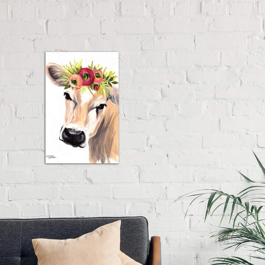 'Jersey Cow with Floral Crown' Graphic Art on Wrapped Canvas