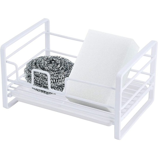 Kitchen Sink Sponge Holder, Sink Organizer with Removable Drain Tray, Soap Drainer Rack Sink Storage Basket for Bathroom and Kitchen (White