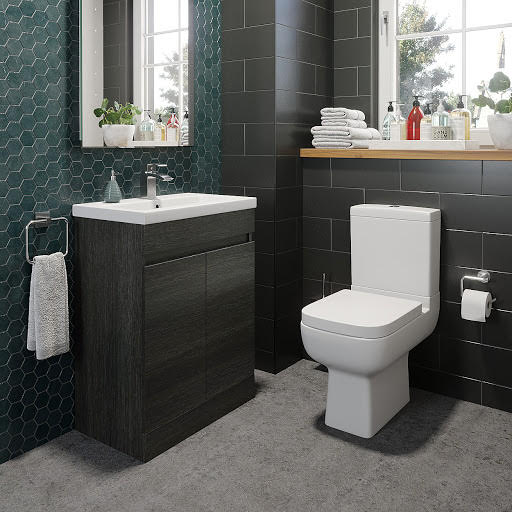 Amelie Close Coupled Toilet & Artis Charcoal Grey Door Vanity Unit 600mm