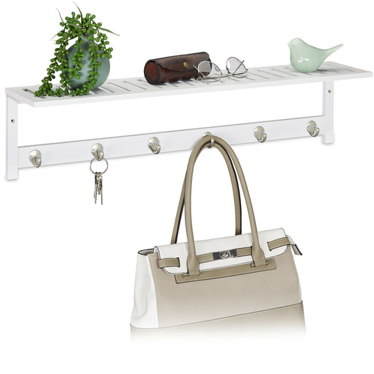 Towel Rack with 6 Hooks and Shelf, for Hallway, Kitchen & Bathroom, Modern, Bamboo, hwd: 18 x 75 x 16cm, White - Relaxdays