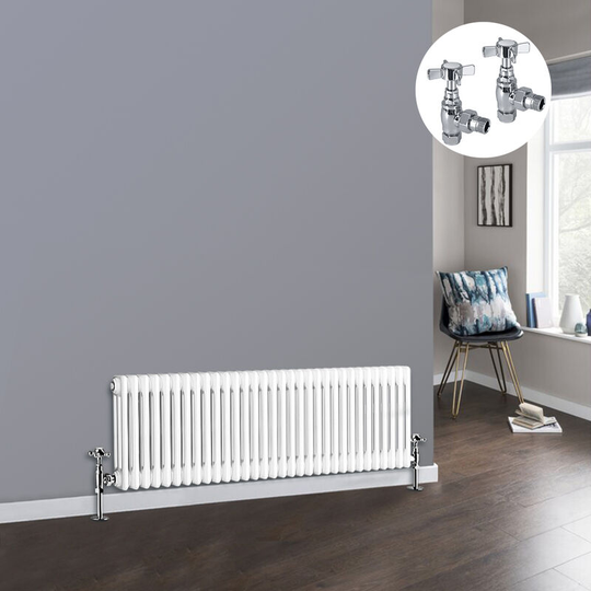 NRG - White 3 Column Traditional Cast Iron Style Radiator with Chrome Angled Cross Head Manual Valves Horizontal 300x1462mm