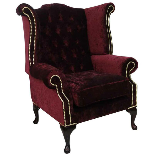 Chesterfield Queen Anne High Back Wing Chair Modena Bordeaux Velvet