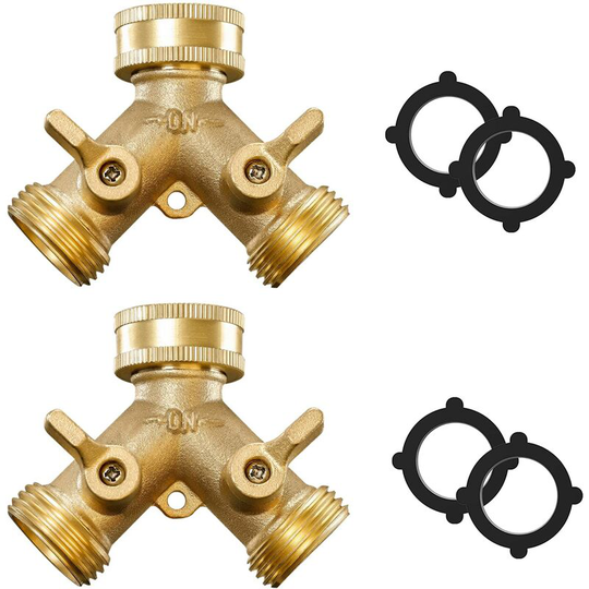 Two Way y Garden Hose Connector Diverter with Solid Brass Body + 4 Extra Rubber Hose Washers with Comfort Grip, 2 Pack (a)