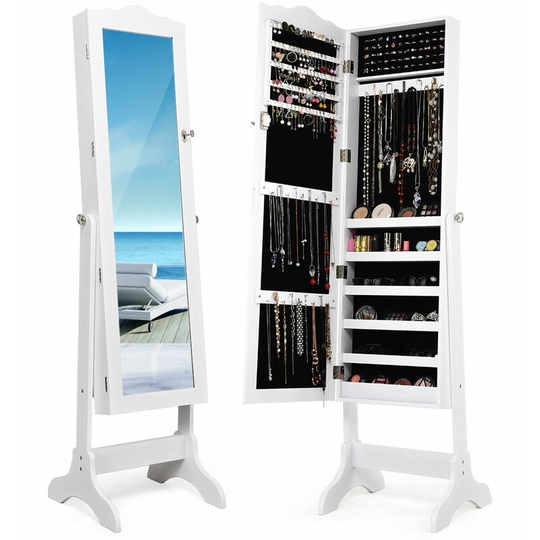 Free-Standing Jewelry Cabinet Lockable Jewelry Shelf w/ Angle Adjustable Mirror