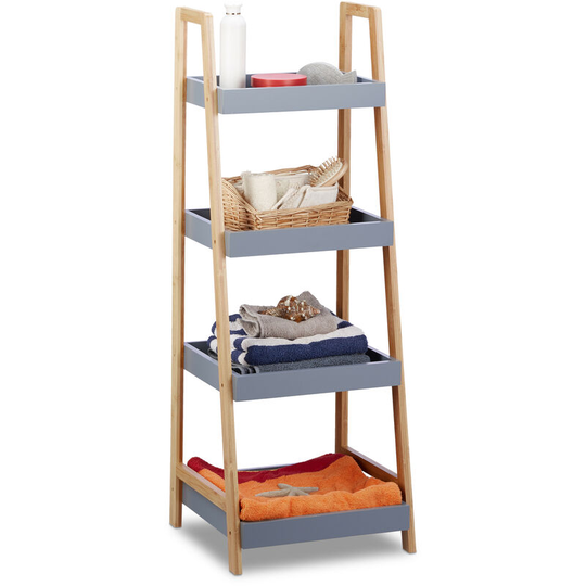 Relaxdays Bamboo Bathroom Shelf, 4-Tiers, Wooden Freestanding Kitchen Storage Rack, HWD 98x36x34.5 cm, Grey