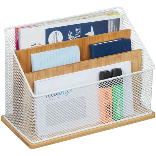 Desk Organiser, Metal & Bamboo, 3 Compartments, Letter Tray, Paper Stand, hwd: 20 x 29 x 14 cm, White/Natural - Relaxdays