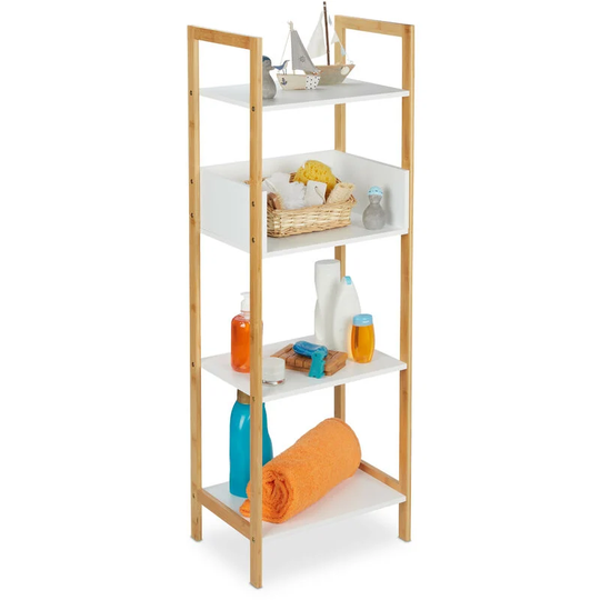 Relaxday Bathroom Shelf, 4 Shelves, h x w x d: 123 x 43 x 30 cm, Bathroom, Kitchen, Bamboo & mdf, Natural/White