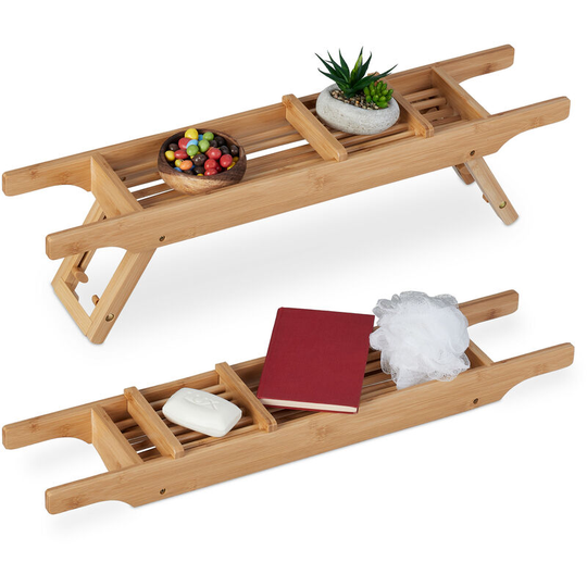 Relaxdays Bathtub Tray, Bamboo, 69 cm Wide, Caddy with Folding Legs, Over the Bath Rack with Soap Dish, Natural