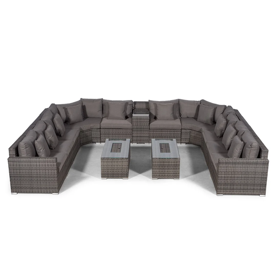 Villasenor Grey Rattan U Shape 10 Seat Sofa With 2 X Rectangle Ice Bucket Coffee Table + Drinks Cooler, Outdoor Patio Garden Furniture