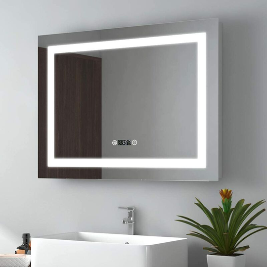 800 x 600mm led Illuminated Bathroom Mirror with Clock Display | Touch Switch | Demister Pad[Horizontal] - Emke