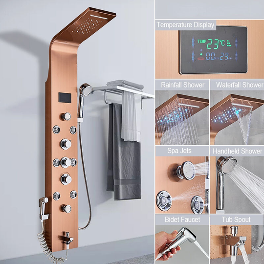 Shower Panel for Bathroom Hydromassages 6 Jets Shower System Multifunctional Shower Panel 6 Large Massaging Nozzles Shower Column,Rosegold