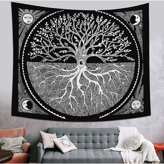 Sun and Moon Tapestry, Wall Tapestry, Black and White Wall Tree Mandala Bohemian Wall Tapestry for Live Room Dormitory Room (200x150cm)