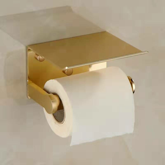 Space Aluminum Toilet Paper Holder Toilet Paper Roll Storage Holder Wall Mounted Mobile Phone Storage Holder Bathroom Accessories (Gold)
