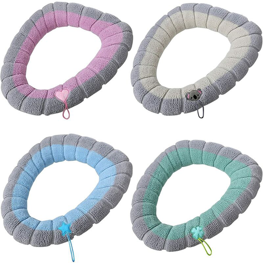 Set of 4 toilet seat covers with handle - Thick and soft cushion - Stretchable and washable - Fits all oval toilet seats