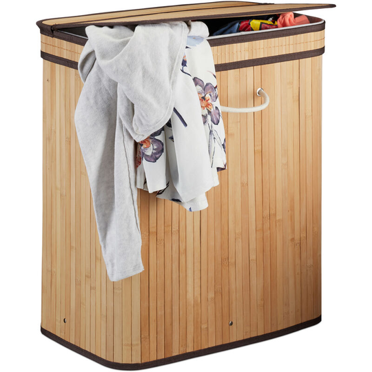 Relaxdays - Lidded Laundry Hamper, 2 Compartments, Partitioned Bag, Ventilated, 72 Litres, Bamboo Basket, Natural