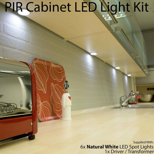 Loops - 6x aluminium Ultra-Slim Round Under Cabinet Kitchen Light & Driver Kit - auto on / off pir - Natural White led