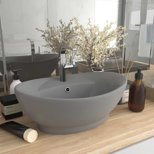 Luxury Basin Overflow Oval Matt Light Grey 58.5x39 cm Ceramic - Grey