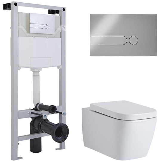 Milano - Longton - White Ceramic Modern Bathroom Wall Hung Square Toilet wc with Tall Wall Frame, Dual Flush Cistern, Soft Close Seat and Dot Chrome