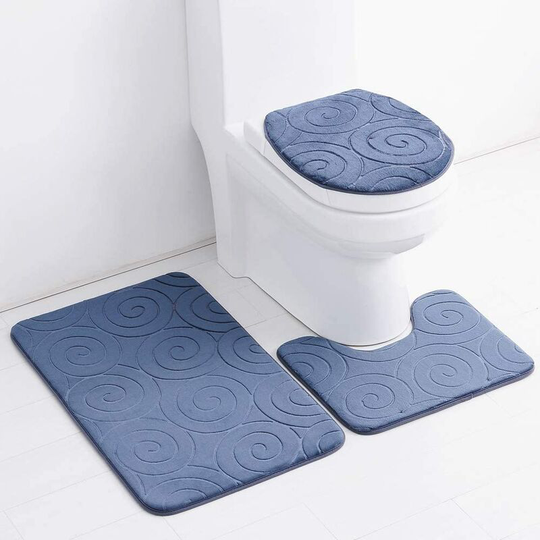 Bathroom Mat Pure Color 3Pcs Bath Mat Non-Slip and Absorbent Soft Carpet & Cover Toilet Lid Set Washable (Grey)