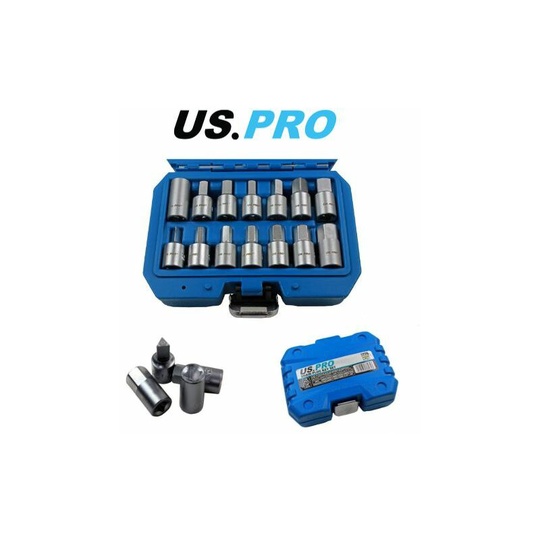 Tools 3/8' dr 14pc Drain Sump Plug Key Set, Engine Gearbox Diff 3225 - Us Pro