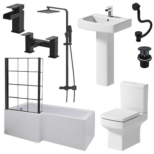 Affine Royan Black Bathroom Suite with L Shape Shower Bath 1700 & Full Pedestal Basin Left Hand