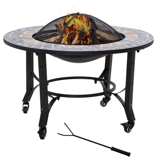 Outsunny - Firepit on Wheels Fire Bowl w/ Grill Spark Screen Cover Fire Poker - Black, Multi-colored Top