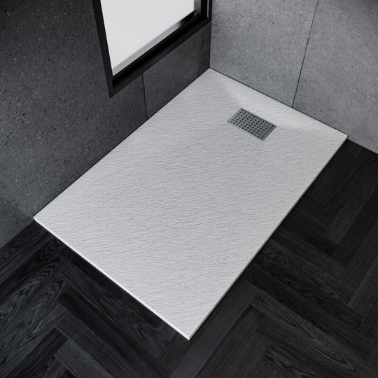 Anti-Slip Shower Tray for Enclosure Wet Room Slimline White Rectangular Stone Tray 1200 x 700 x 30 mm + Free Waste Trap + Stainless Steel Cube Drain