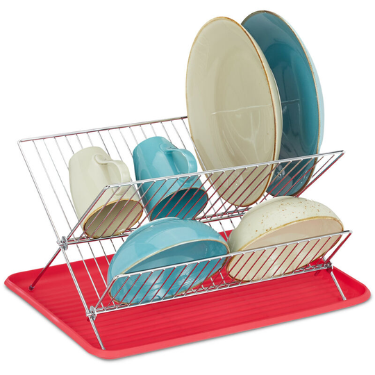 Relaxdays - Dish Drainer with Drip Tray, Folding Drying Rack, Metal & Plastic, HxWxD 24 x 42 x 32 cm, Red