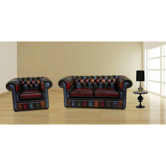 Chesterfield Patchwork Antique 2 Seater Settee + Armchair Leather Sofa Offer