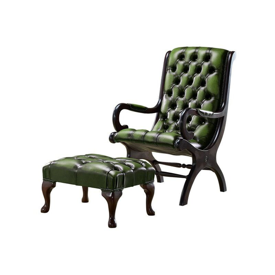 Chesterfield York Slipper Stand Armchair Antique Green Leather + Footstool