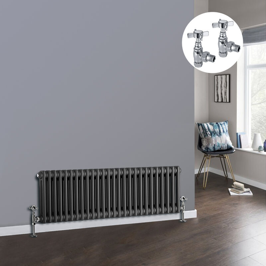 Anthracite 2 Column Traditional Cast Iron Style Radiator with Chrome Angled Cross Head Manual Valves Horizontal 300x1190mm