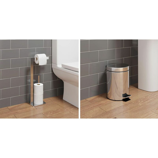 Bathroom wc Square Floor Standing Chrome Toilet Roll Holder 5L Round Bin Modern - Silver
