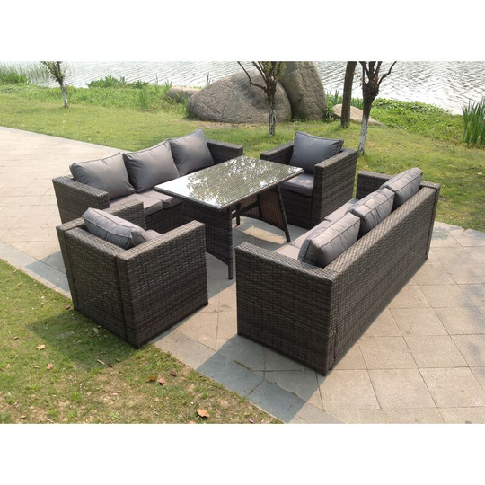 8 Seater Lounge Rattan Sofa Set Dining Table Armchairs Garden Furniture Outdoor With Clear Tempered Glass - Fimous