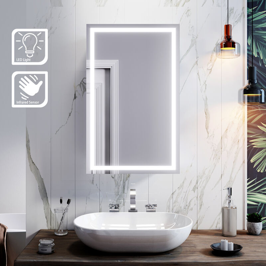 Elegant - Stainless Steel Vertical Bathroom Mirror Cabinet Backlit Illuminated led Bathroom Storage Sliding Mirror 430x690mm with Shelf, Infrared