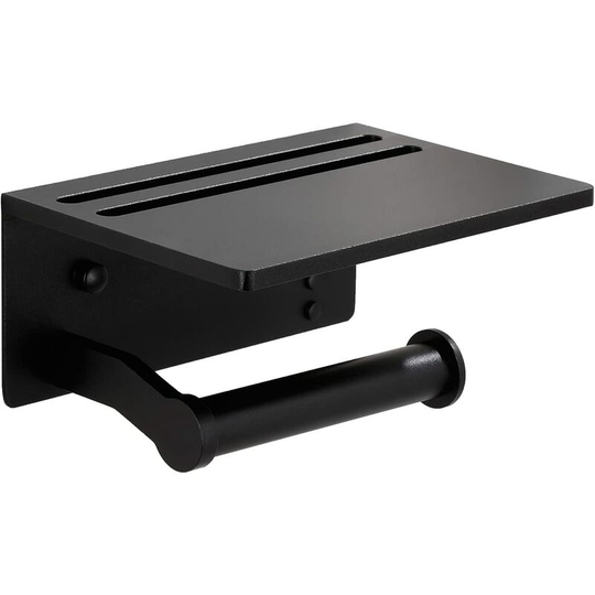 Toilet Paper Holder with Shelf, Black Rustproof Aluminum Toilet Roll Holder with Cell Phone Storage Shelf for Bathroom, 3M Sticker No Drilling or