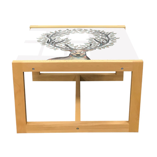 Deer Coffee Table, Hipster Reindeer With Floral Horns Mythical Creature Pastel Color Illustration, Acrylic Glass Center Table With Wooden Frame For Of