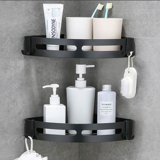 Bathroom Corner Shelves Shower Caddy Corner with Hooks No Drilling Alunimun Bathroom Shelf Kitchen Storage Organizer (Silver)