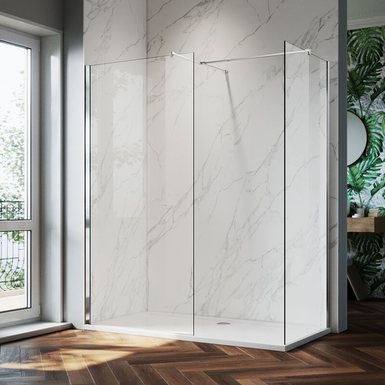 Elegant - Frameless Nano Glass Door 900mm Walk in Shower Wet Room 700mm Side Shower Screen Enclosure with 1500x800mm Bathroom Tray and Free Trap