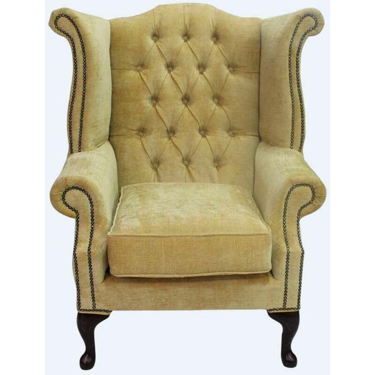 Chesterfield Fabric Queen Anne High Back Wing Chair Velluto Gold