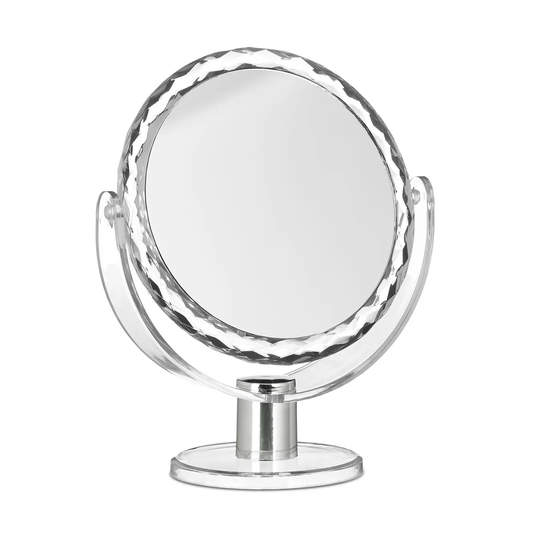 Round Magnifying Framed Freestanding Makeup Mirror in Silver