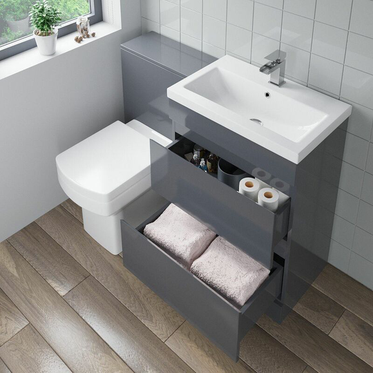 Aurora - 600mm Bathroom Drawer Vanity Unit Basin Toilet Modern Soft Close Seat Gloss Grey - Grey
