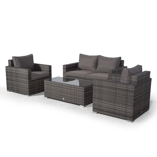 Villatoro Grey Rattan 2 Seat Sofa + 2 X Armchairs & Rectangle Coffee Table, Outdoor Patio Garden Furniture