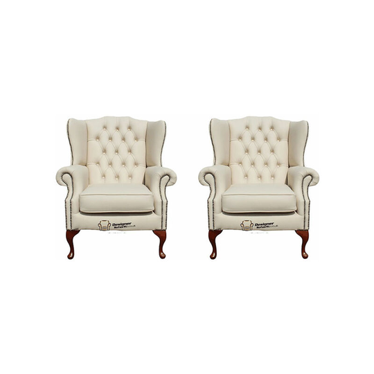 Chesterfield 2 x Mallory Wing Chair Leather Sofa Suite Offer Ivory