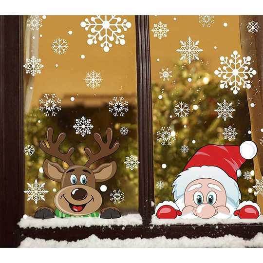 Christmas Window Stickers, Peeping Santa and Rudolph Window Clings Snowflake Decal for Xmas Window Decoration